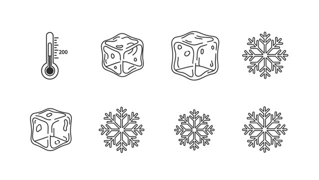 Icons of Cold: A collection of simple black line icons depicting the essence of cold: A thermometer indicates cold temperature, accompanied by depictions of ice cubes and a delicate snowflake.