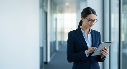 Fototapeta premium Confident Businesswoman Using Digital Tablet in Modern Office Corridor