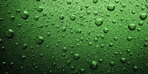 view of numerous spherical moisture droplets resting on a deeply colored verdant surface