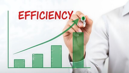 Businessman draws an upward trending bar chart labeled efficiency with a green marker on a clear surface