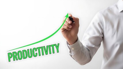 Businessman drawing a green upward trend line labeled productivity on a white background symbolizing growth