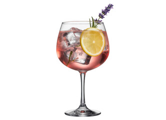Pink cocktail with lemon slice and lavender on black drink glass isolated on a transparent background
