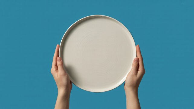 Two hands carefully presenting a large empty beige ceramic plate against a vibrant blue background