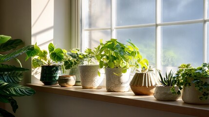Plants in pots line windowsill, dappled light and airy atmosphere