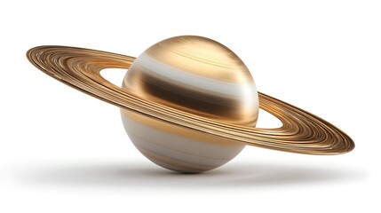Golden Saturn Planet with Rings Isolated on White Background.