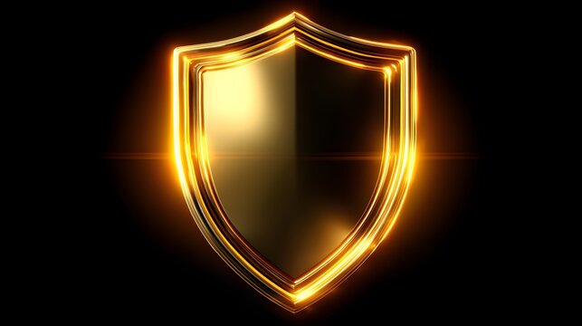 Golden Shield Emblem with Fiery Aura on Black Background.