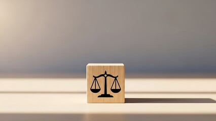 A small wooden stamp with a black scale symbol on a white surface with a blurred background and dramatic lighting effects