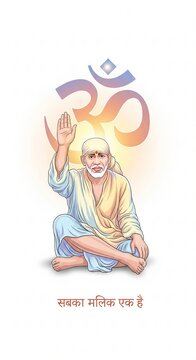 Blessing Sai baba With Om Symbol Behind, Emblem Of Unity Across Faiths In Spiritual Tradition