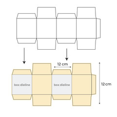 Technical diagram showing the template and folding instructions for a small product box
