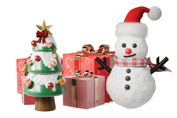 3d christmas tree snowman and gift boxes icon. holiday gifting concept. minimal cartoon winter decoration for seasonal promotion. isolated on white background. 3d render.