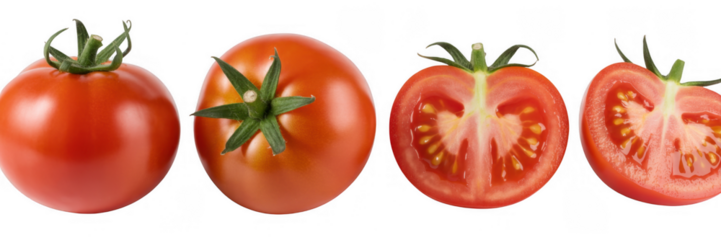 Red tomatoes whole and halved whole tomatoes halved tomatoes isolated on a transparent background