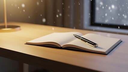 Open Notebook with Pen on a Desk in a Cozy Indoor Setting, Perfect for Writing, Journaling, or Creative Work