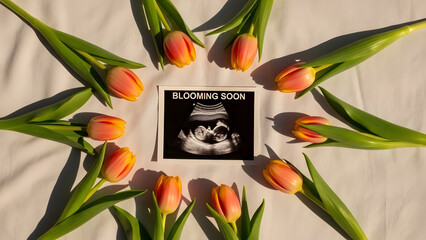 Ultrasound photo of baby surrounded by tulips on beige fabric