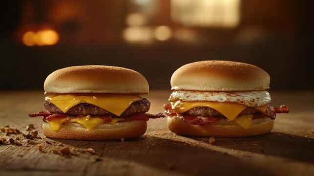Two Delicious Burgers with Fried Egg and Bacon Displayed