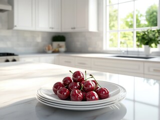 A cherries on the white plate.