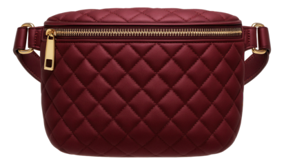 Quilted burgundy belt bag with gold-tone accents.