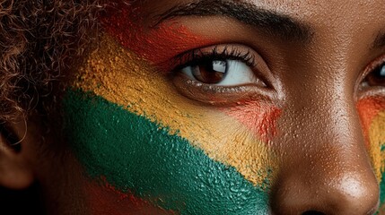 Close-up of a woman face with vibrant green, yellow and red paint symbolizing Pan-African identity, national pride, independence, cultural diversity and unity