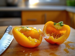 An yellow pepper on the kitchen table.
