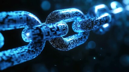 Glowing blue chain with digital code on links against dark background with bokeh 4k video - Powered by Adobe