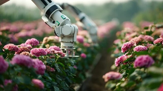 Closeup of robotic flower picking equipment maneuvering through dense floral rows emphasizing advanced technology in automated harvesting.