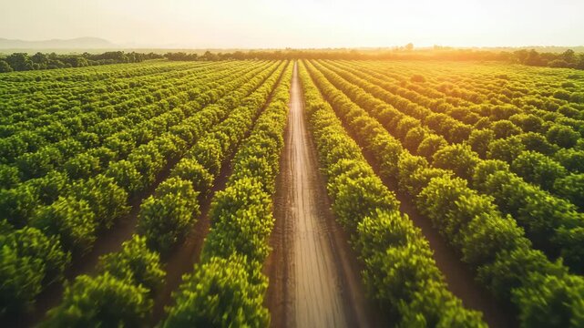 Aerial view of a vast orchard with rows of green trees on a sunny day with a dirt road 4k video