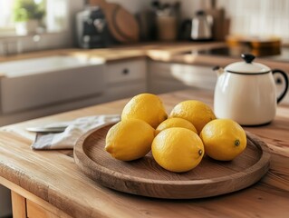 A lemons on the wooden plate.
