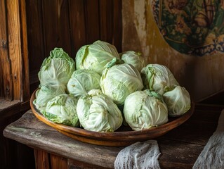 An cabbage in the wooden plate.