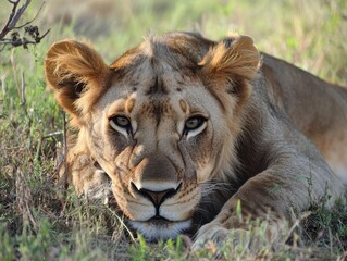 A lioness is lying on the grass.