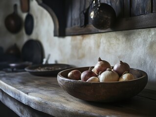 An onion in the kitchen bowl.