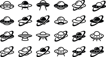 UFO and alien spaceship icon set, flying saucer silhouettes in multiple styles, minimalist black vector illustration collection © Mizanur