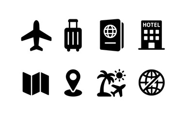 Collection of travel icons including airplane, suitcase, passport, hotel, map, and location pin