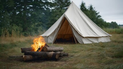A serene outdoor campsite features a white bell tent and a crackling campfire in a grassy field with trees in the background