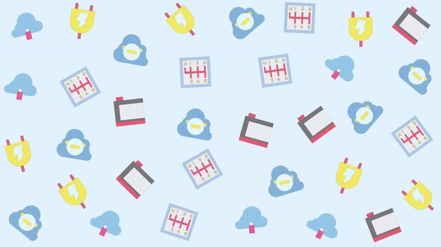 Colorful seamless pattern of kitchen utensils and fried eggs on light blue background, graphic illustration, flat lay, playful cooking theme