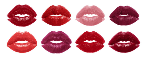 Set of realistic lipstick kiss marks in various shades
