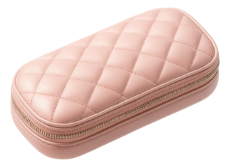Pastel pink quilted eyeglass case with zip closure.