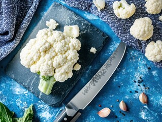 A cauliflower laid on the kitchen board.