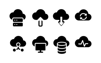 Collection of cloud computing icons representing data storage, transfer, and network services