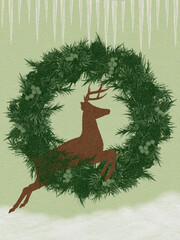 Reindeer jumping through Christmas wreath
