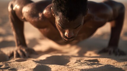 Obraz premium Man Doing Push-ups in Desert Sand.