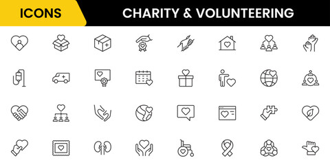 Volunteering and charity web icons in line style. Donate, donor, doctor, care, help, support, collection Vector illustration.