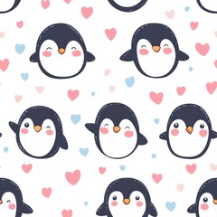 Fototapeta premium Cute Penguin Seamless Pattern with Hearts