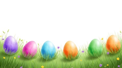Colorful easter eggs in a lush green grassy field with flowers