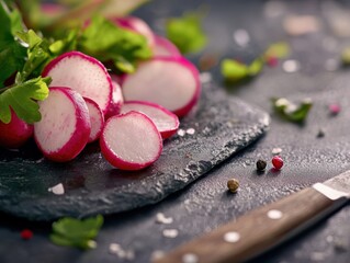 A sliced radish on the kitchen board.
