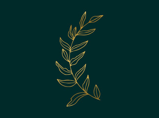 Minimalist Golden Botanical Branch Line Art on Dark Green Background