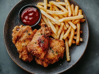A fries and chicken on the plate.