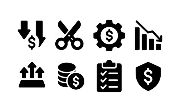 Financial icons representing growth, cost reduction, and security