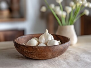 A garlic laid in the wooden bowl.