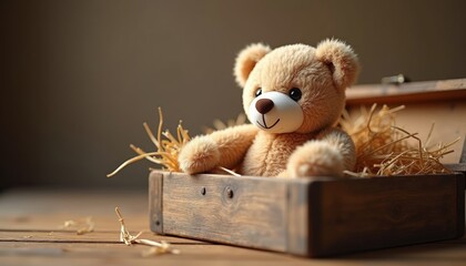 Teddy bear sitting in wooden box with straw background  