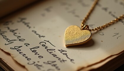 Gold heart pendant necklace resting on vintage handwritten pages  
