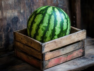 A watermelon in the wooden box.